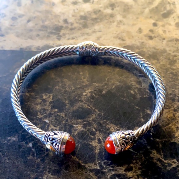 Samuel B. Sterling Silver 18K Gold with Coral Gemstones Hinged Cuff Bracelet - Picture 2 of 9